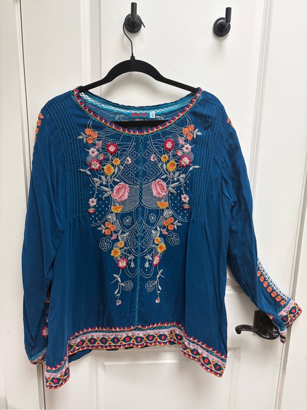 Johnny Was Embroidered Floral Teal Long-Sleeve Women's Top